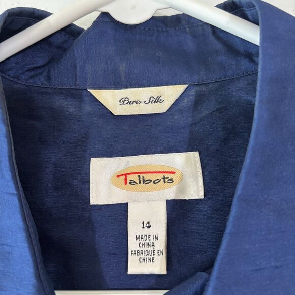 Talbots 100% Silk Shirt Royal Blue Button Front sz 14 Collared Satin Lightweight - Picture 4 of 9